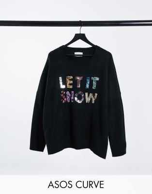 ASOS DESIGN Curve Charity Christmas sweater sequin let it snow for ASOS Foundation-Black