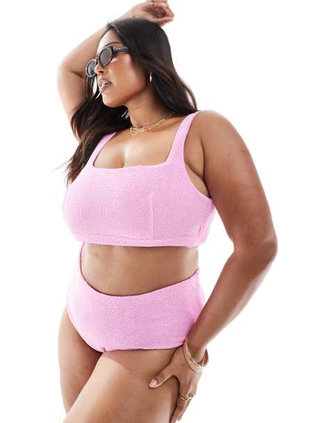 ASOS DESIGN Curve Charlene textured square neck crop bikini top in light pink - view 1