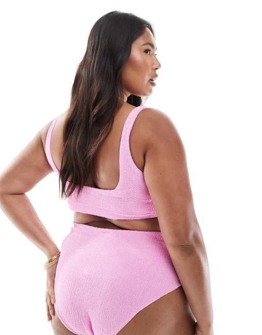 ASOS DESIGN Curve Charlene textured square neck crop bikini top in light pink, 3 of 4