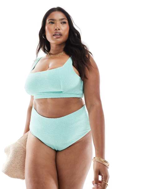 ASOS DESIGN Curve Charlene textured square neck crop bikini top in mint - view 1