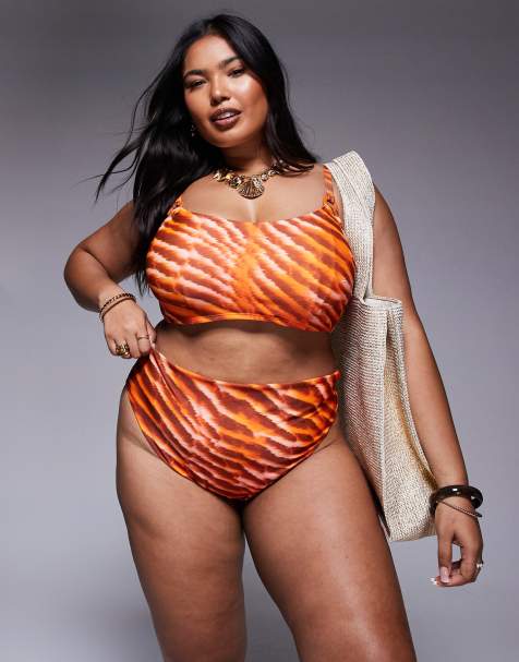 ASOS DESIGN Curve Charlie high waist bikini bottom in orange animal print - view 1