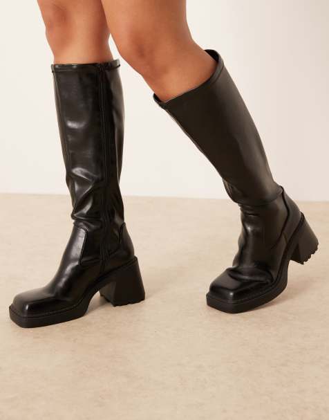 ASOS DESIGN Curve Charly heeled knee boots in black - view 1
