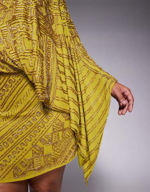 ASOS DESIGN Curve – Chartreusegrön, asymmetrisk miniklänning med capedetalj och heltäckande utsmyckning, 3 av 4