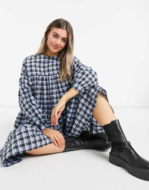 ASOS DESIGN Curve check midi smock dress with pephem