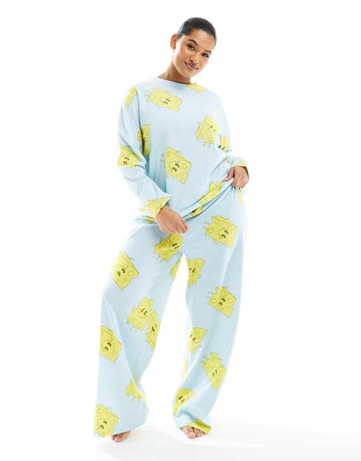 ASOS DESIGN Curve cheese print long sleeve top & pants pyjama set in blue