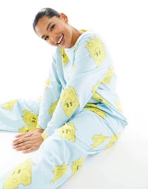 ASOS DESIGN Curve cheese print long sleeve top trouser pyjama set in blue