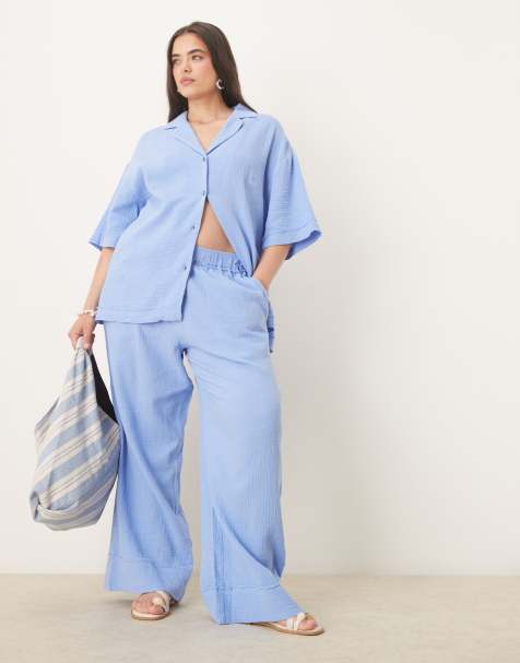 ASOS DESIGN Curve cheesecloth pull on pants with raw edge detail in blue - part of a set - view 1