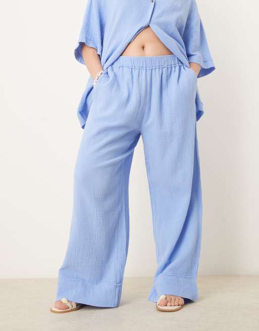 ASOS DESIGN Curve cheesecloth pull on pants with raw edge detail in blue (part of a set), 2 of 4