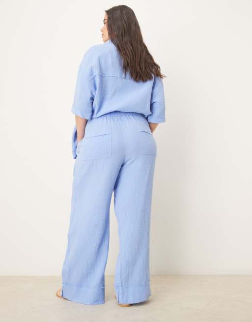 ASOS DESIGN Curve cheesecloth pull on pants with raw edge detail in blue (part of a set), 4 of 4