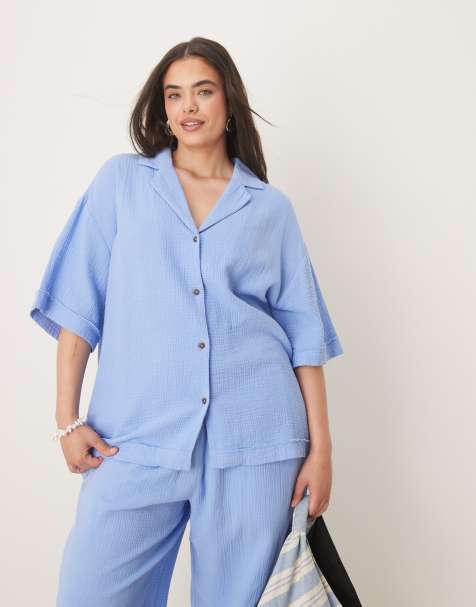 ASOS DESIGN Curve cheesecloth shirt in blue - part of a set - view 1