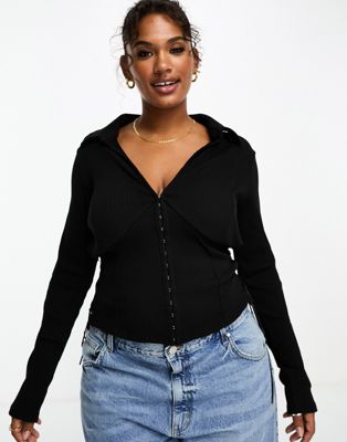 ASOS DESIGN Curve hook and eye lace up shirt in rib in black - ASOS Price Checker