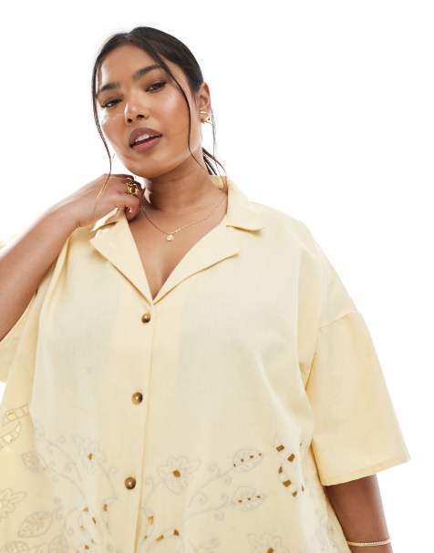 ASOS DESIGN Curve - Chemise d'ensemble à revers avec manches courtes et détails en broderie anglaise - Paille - view 1