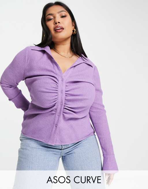 ASOS DESIGN Curve - Chemise froncée sur le devant à texture froissée - Lilas cendré