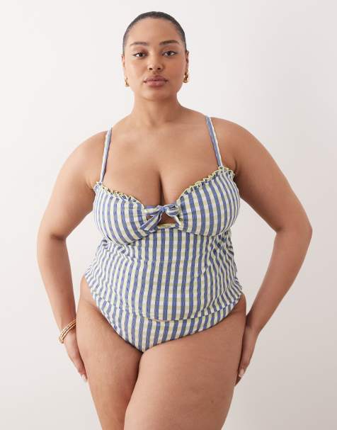 ASOS DESIGN Curve Cheri check tankini bikini top in lime check