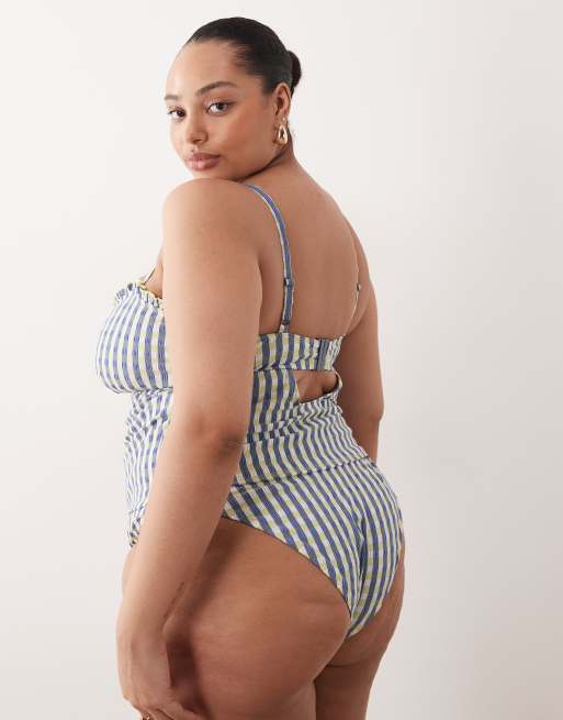 ASOS DESIGN Curve Cheri check tankini bikini top in lime check, 2 of 4