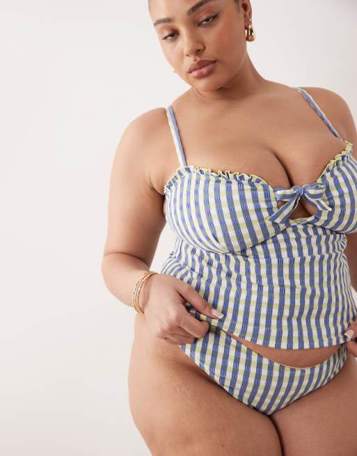 ASOS DESIGN Curve Cheri check tankini bikini top in lime check, 4 of 4