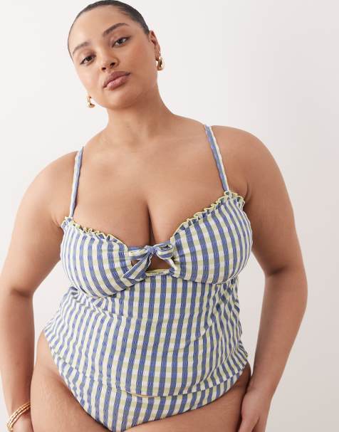 ASOS DESIGN Curve Cheri check tankini in lime check - view 1