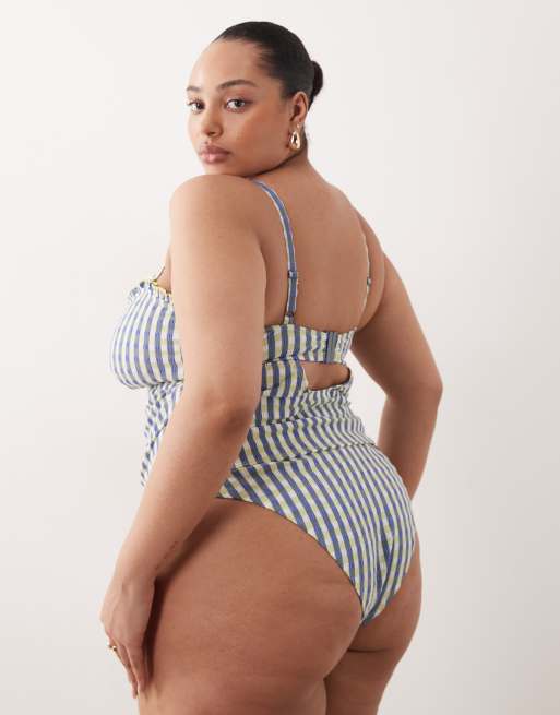ASOS DESIGN Curve – Cheri – Karierte Bikinihose in Limettengrün mit hohem Beinausschnitt, 2 von 4