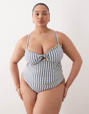 ASOS DESIGN Curve - Cheri - Kariertes Tankini-Bikini-Oberteil in Limettengrün-Bunt Bunt 50