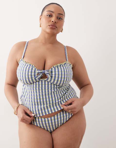 ASOS DESIGN Curve – Cheri – Limegrön, rutig bikiniunderdel med hög benskärning - view 1