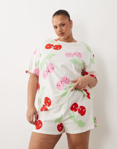 ASOS DESIGN Curve cherry short sleeve tee and short nightwear set in red & pink - view 1