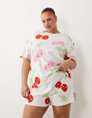 ASOS DESIGN Curve cherry short sleeve tee and shorts pajama set in red & pink-White