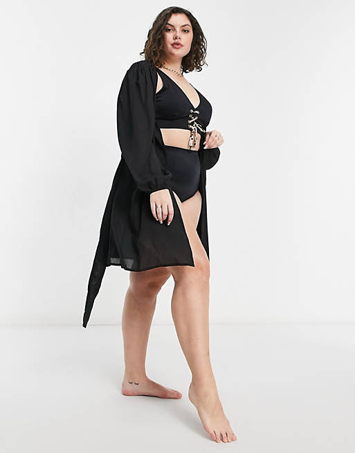 Women Curve chiffon belted beach kimono in black 