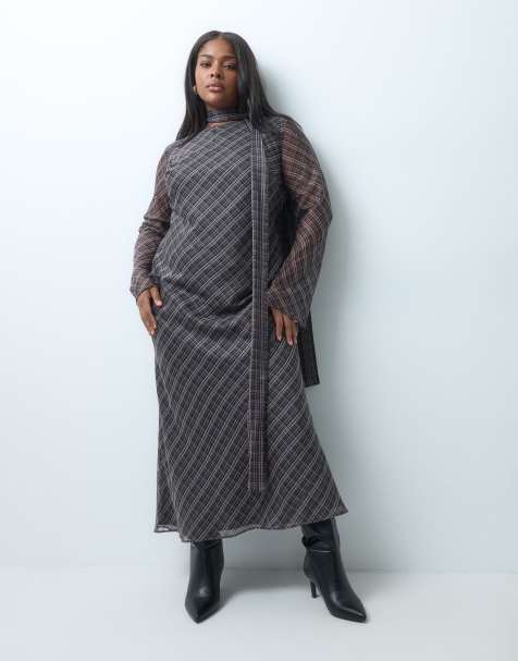 ASOS DESIGN Curve chiffon bias cut maxi dress with matching scarf in check print - view 1