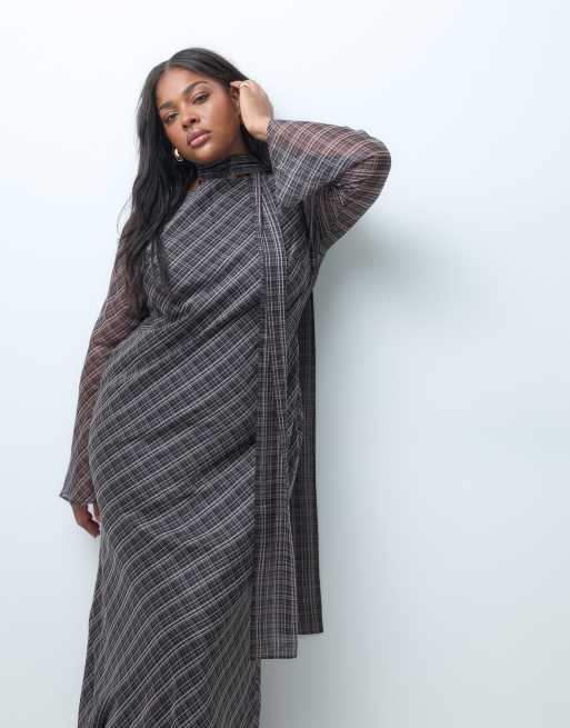 ASOS DESIGN Curve chiffon bias cut maxi dress with matching scarf in check print, 4 of 4