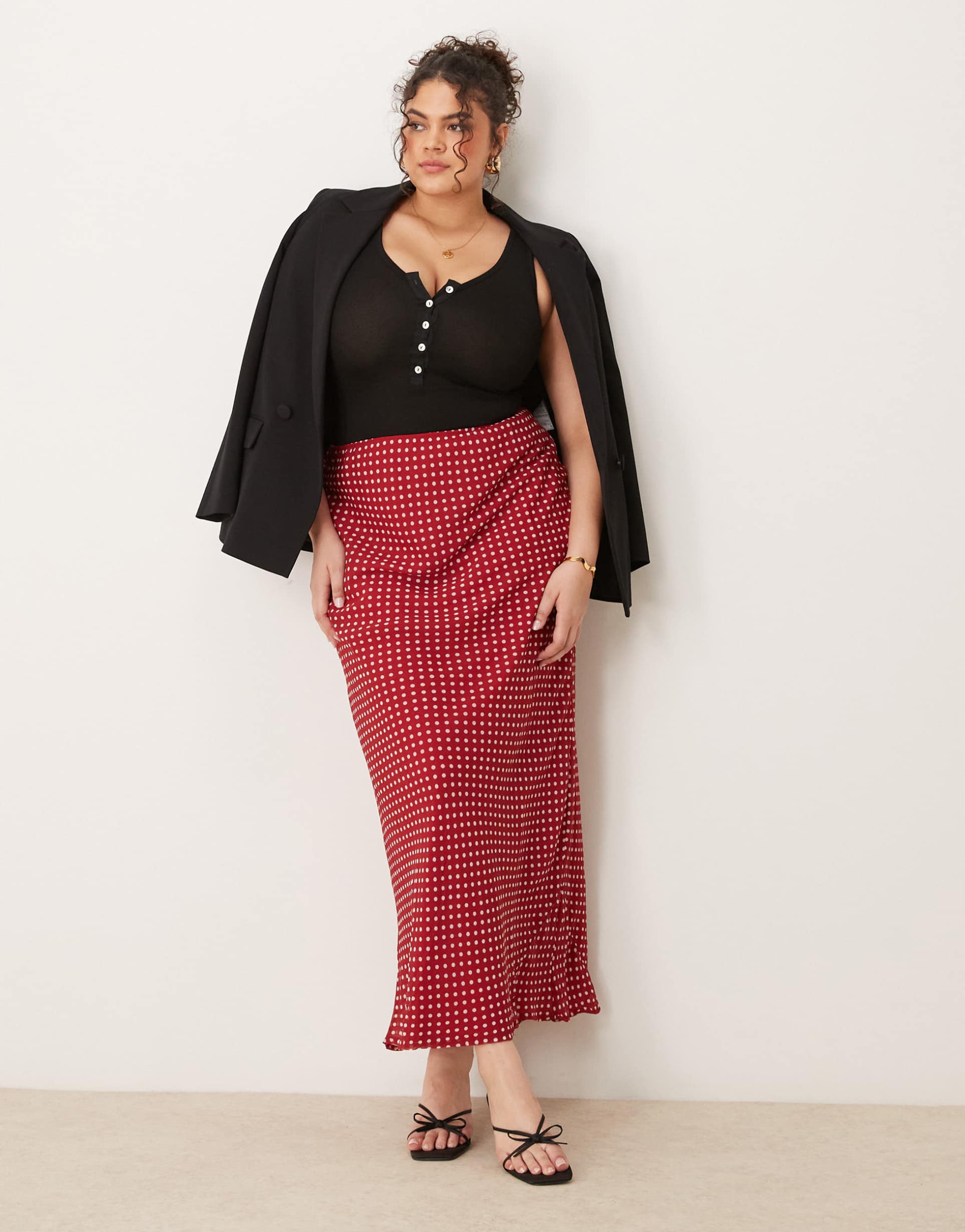 asos design curve chiffon bias maxi skirt in red spot
