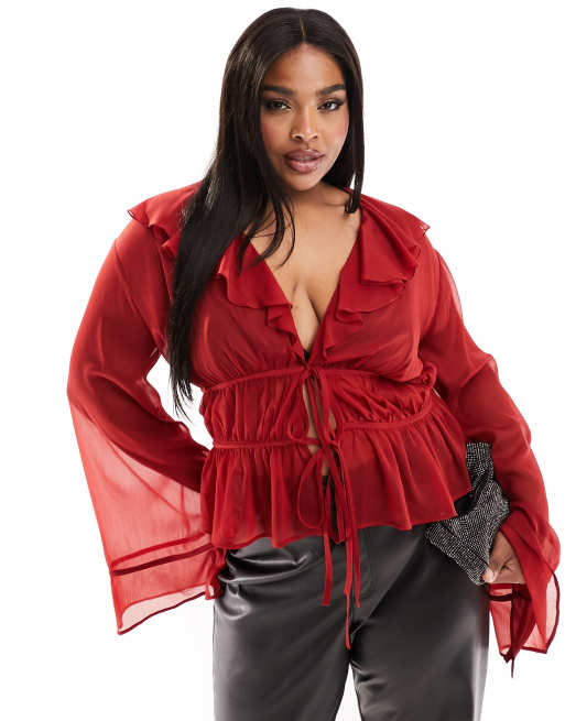 ASOS DESIGN Curve Chiffon Bluse in Rot mit Ruschen und Bindebandern