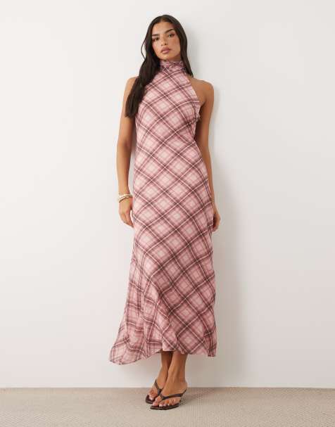 ASOS DESIGN Curve chiffon hooggesloten halter maxi jurk met roze ruit - view 1