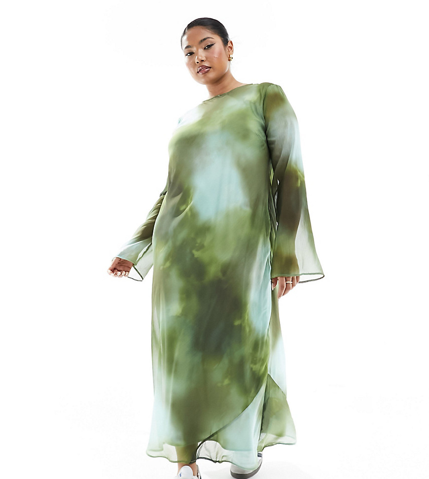 ASOS DESIGN Curve chiffon long sleeve midi dress green blur print-Multi