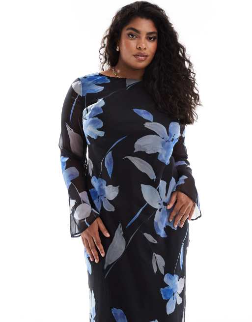 ASOS DESIGN Curve chiffon long sleeve midi dress in blue print | ASOS