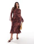 [ASOS Curve] ASOS DESIGN Curve chiffon long sleeve midi dress in brown abstract print-Multi 28 Brown abstract print
