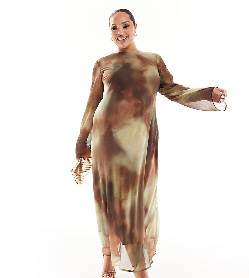 Asos Curve Asos Design Curve Chiffon Long Sleeve Midi Dress In Chocolate Blur Print-multi