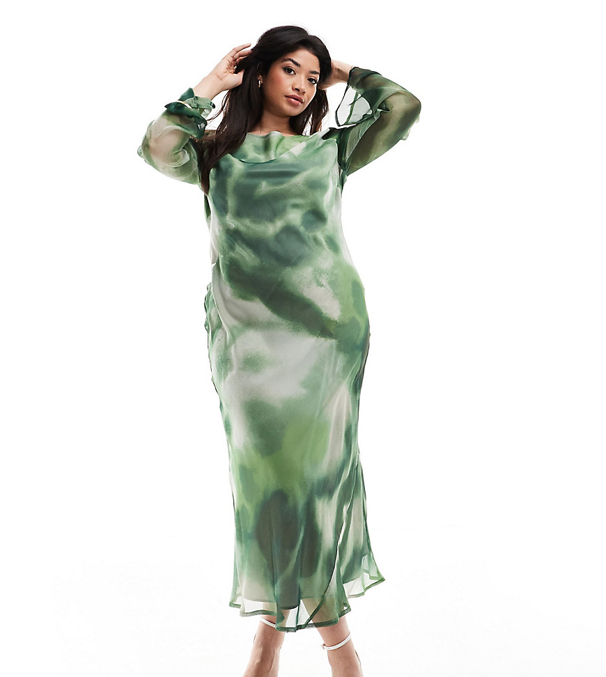 ASOS DESIGN Curve chiffon long sleeve midi dress in green abstract print-Multi