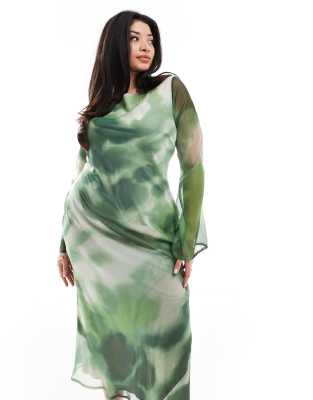 ASOS DESIGN Curve chiffon long sleeve midi dress in green abstract print |  ASOS