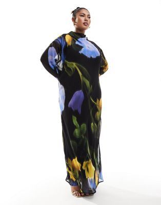 Asos Curve Asos Design Curve Chiffon Maxi Dress In Blurred Floral Print-multi