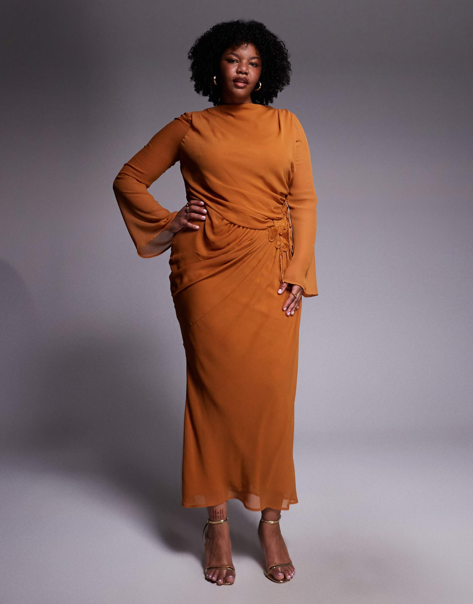 asos design curve chiffon maxi dress with 3d embroidered flower hip detail in orange