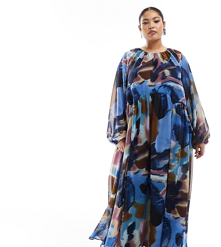 ASOS DESIGN Curve chiffon maxi smock dress with scallop waist in purple abstract print-Multi
