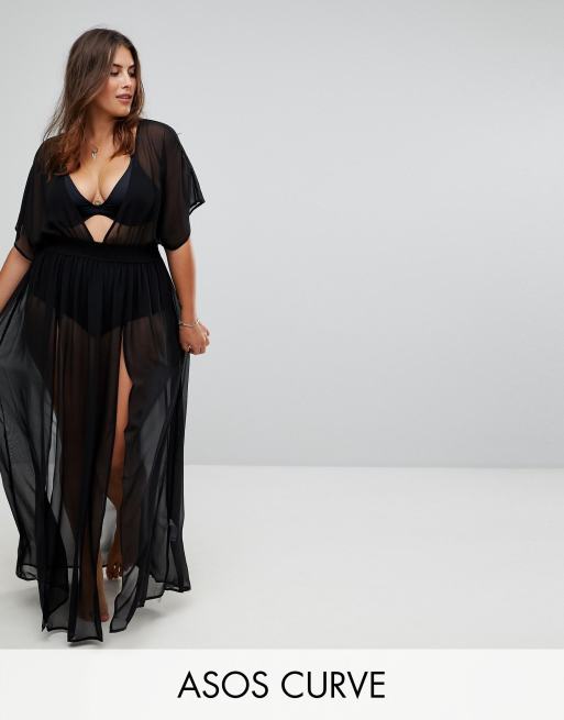 ASOS Design - Curve - Chiffon maxi-strandkaftan met gesmokte taille