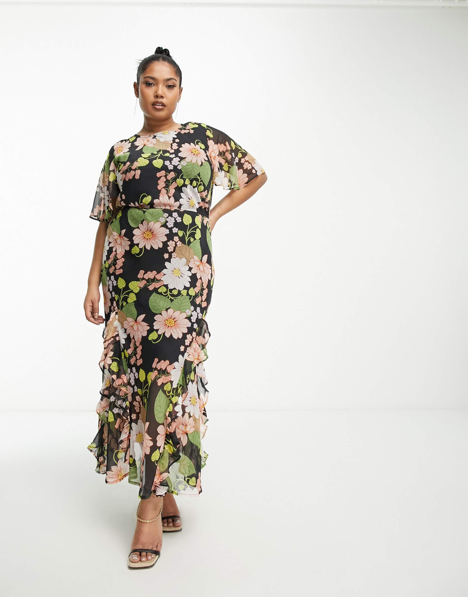 asos design curve chiffon midi dress with frill hem in black based floral