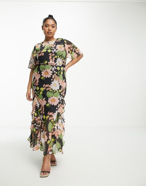 ASOS DESIGN Curve chiffon midi dress with frill hem in black based floral 
