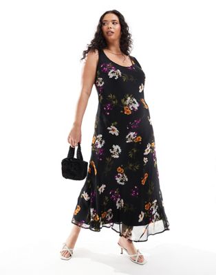 ASOS DESIGN Curve chiffon scoop neck midi slip dress in dark floral print-Multi