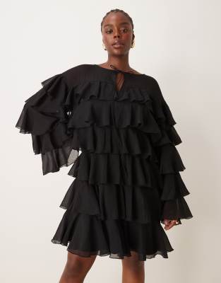 Asos Design Curve Chiffon Tiered Frill Long Sleeve Mini Dress In Black