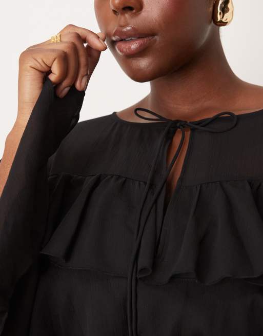 ASOS DESIGN Curve chiffon tiered frill long sleeve mini dress in black, 3 of 4