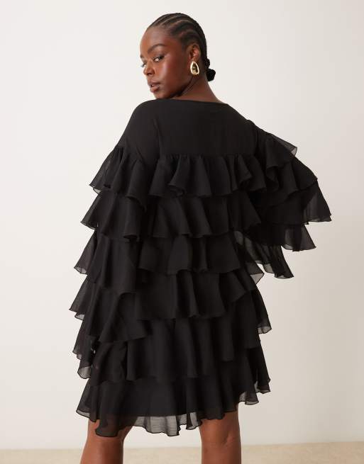 ASOS DESIGN Curve chiffon tiered frill long sleeve mini dress in black