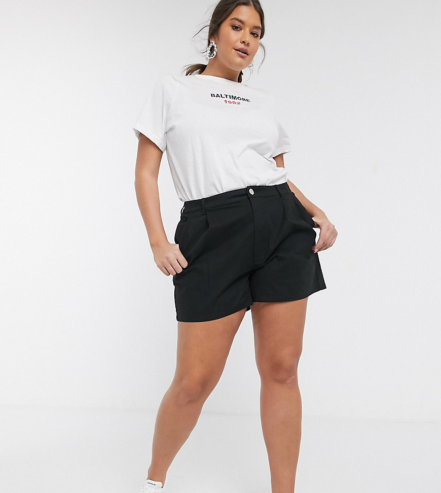 Plus-size shorts by ASOS DESIGN Part of our responsible edit High rise Concealed fly Button fastening Functional pockets Regular fit True to size