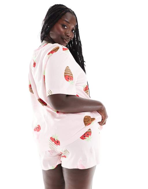 ASOS DESIGN Curve valentines chocolate strawberry oversized tee & short pajama set in pink
